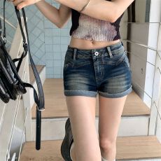 批发低腰修身弹力<b class='q'>牛仔裤</b> 设计感多重洗水热裤短裤女