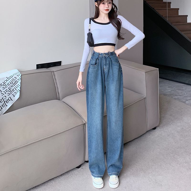 RY8124# 卡扣松紧拖地老爹阔腿牛仔裤女2022秋季新款显瘦显高百搭韩版显高