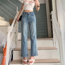 批发弹力修身九分<b class='q'>牛仔裤</b>女 浅蓝色微喇长裤显瘦拖地裤