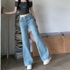 批发弹力修身显瘦<b class='q'>牛仔裤</b>女 浅蓝色微喇长裤拖地裤