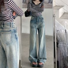 批发撞色设计水洗大微喇<b class='q'>牛仔裤</b> 浅色扎花百搭休闲裤长裤女