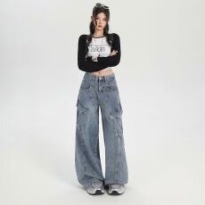 美式复古蓝色高街宽松阔腿牛仔裤女垂感高腰显瘦小个子弯刀工装裤