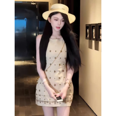 批发小香风轻奢重工无袖背心连衣裙女2025新款夏季女装辣妹收腰短裙子