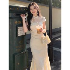 批发新中式国风改良旗袍连衣裙温柔风巨好看的修身包臀鱼尾长裙26夏季