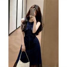 批发韩系蓝色背心<b class='q'>牛仔</b>连衣裙女夏季2026新款独特超好看拼接蕾丝<b class='q'>长裙</b>子