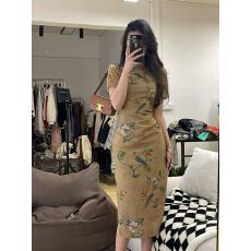 批发旗袍新款<b class='q'>印花</b><b class='q'>连衣裙</b>女夏国风复古气质高腰显瘦盘扣开叉修身中长裙