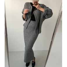 批发韩版INS秋冬复古慵懒风宽松长袖呢子外套+高腰包臀半身裙两件套