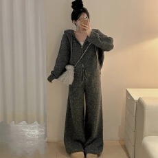 批发慵懒风软糯百搭连帽针织毛衣<b class='q'>外套</b>女2025秋冬新款休闲长裤子两件套