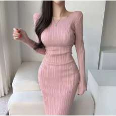 批发韩版 纯欲风性感辣妹长袖针织连衣裙女<b class='q'>包臀</b>裙