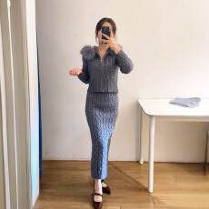 批发实拍麻花 开叉 设计感包臀半身裙+拉链上衣<b class='q'>外套</b>连帽毛毛针织套装