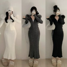 批发时尚套装可拆卸毛领连帽短款毛衣外套女秋冬季高腰针织包臀<b class='q'>半身裙</b>