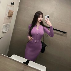 批发韩国chic早春优雅简约圆领<b class='q'>修身</b>显瘦长袖针织包臀连衣裙配腰带