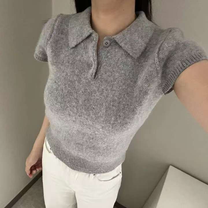 MY16819# 韩国ins 甜美气质POLO领休闲纯色短袖软糯针织上衣女...