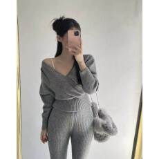 批发针织套装交叉V领收腰毛衣女2026秋冬新款阔腿休闲裤两件套