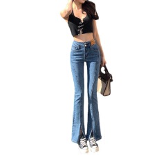 批发微喇叭<b class='q'>牛仔裤</b>女新款<b class='q'>韩版</b>复古高腰弹力修身开叉直筒垂感拖地裤子潮