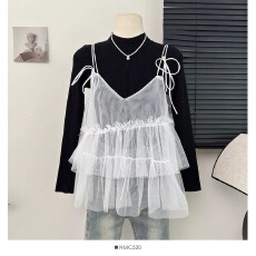 批发韩式蝴蝶结绑带层层网纱吊带背心女夏季木耳边叠穿小吊带上衣外穿
