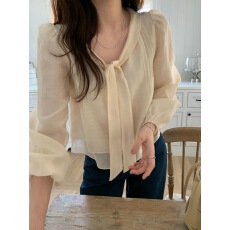 批发2026韩国东大门气质甜美褶边压褶系带双层设计泡泡袖<b class='q'>衬衫</b>上衣