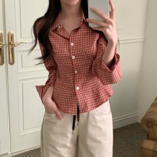 批发东大门韩版chic格子<b class='q'>衬衫</b>上衣女好看的修身收腰短款长袖<b class='q'>衬衣</b>