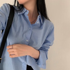 批发2026东大门韩国chic 春日 基础款 简约 条纹<b class='q'>衬衫</b> 长袖<b class='q'>衬衣</b>