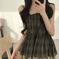 批发韩版甜美减龄格子吊带雪纺衫夏甜辣风设计感短款洋气别致<b class='q'>无袖</b>背心