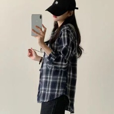 批发韩版春秋季连帽格子<b class='q'>衬衫</b>原宿风休闲宽松原宿风百搭磨毛外套女<b class='q'>衬衣</b>