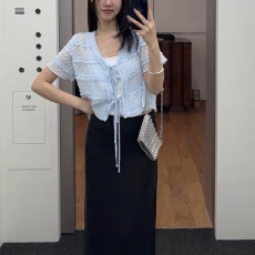 批发韩版木耳边蝴蝶结绑带短袖蕾丝衫女夏季新款甜美褶皱短款<b class='q'>衬衫</b>上衣