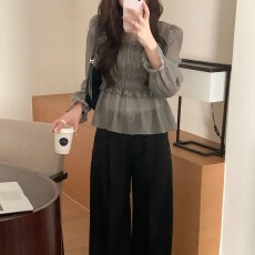 韩系春季法式温柔甜美木耳边皱褶收腰显瘦荷叶袖薄款雪纺衫上衣