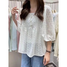 批发2026东大门韩国夏季新款V领提花<b class='q'>衬衫</b>女洋气百搭泡泡袖短袖<b class='q'>衬衣</b>