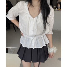 批发2026东大门<b class='q'>韩国</b>chic夏季新款甜美松紧腰花边袖气质短袖衫