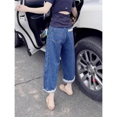 批发大码复古八分哈伦<b class='q'>牛仔</b>裤女春秋胖mm小个子宽松高腰显瘦直筒阔腿裤