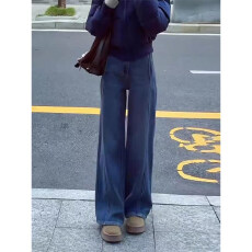 批发秋季大码复古蓝色牛仔<b class='q'>裤</b>女胖mm梨形身材宽松高腰显瘦直筒阔腿<b class='q'>裤</b>子