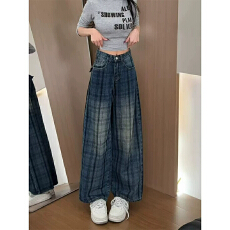 批发大码复古美式牛仔裤女秋季新款胖mm宽松高腰显瘦直筒阔腿弯刀裤子