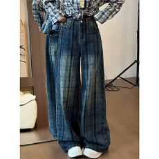 批发大码复古美式牛仔裤女秋季新款胖mm宽松高腰显瘦直筒阔腿弯刀裤子