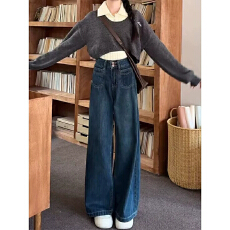 批发大码复古直筒牛仔裤女秋季胖mm梨形身材宽松高腰显瘦阔腿拖地裤子
