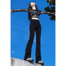 批发大码黑色弹力微喇叭牛仔裤女秋季胖mm梨形身材高腰显瘦直筒马蹄裤