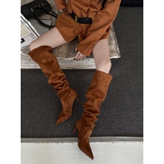 批发尖头长靴女细跟秋冬及膝<b class='q'>欧美</b>风骑士靴高筒靴子绒面高跟瘦瘦堆堆靴