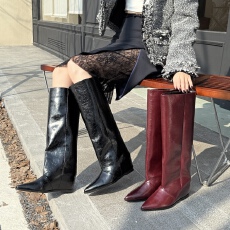 批发爆款尖头宽筒长靴女法式显瘦骑士靴不过膝酒红色直筒靴子内增高