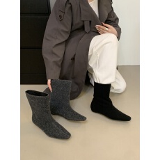 东大门爆款呢子加绒保暖阔腿中筒靴平跟方头时尚百搭软底通勤女靴