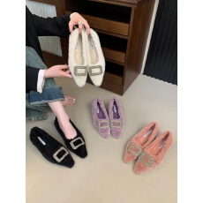 水钻洋气尖头小坡跟浅口毛毛女鞋软底舒适时尚优雅糖果色温柔轻奢