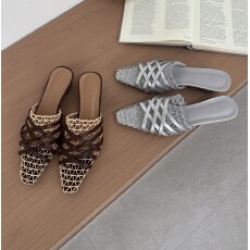 批发设计师款~法式编织镂空半拖罗马凉鞋女休闲一字带粗跟后空凉拖鞋
