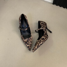 批发2026新款御姐风豹纹高跟鞋尖头中空一字扣带细跟浅口玛丽珍单鞋女