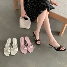 批发法式极简蝴蝶结高跟露趾一字拖鞋配裙仙女风巨温柔日常百搭凉拖鞋