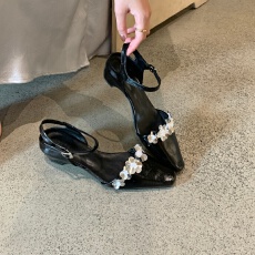 批发法式方头亮片花朵<b class='q'>气质</b>银色单鞋女浅口百搭粗跟包头凉鞋