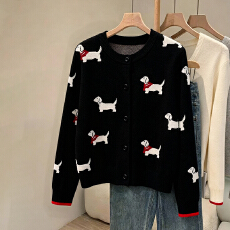 批发黑色小狗长袖针织开衫女早秋季2025新款宽松显瘦<b class='q'>短款</b>毛衣外套上衣