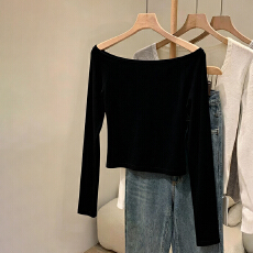 批发美式黑色一字肩长袖<b class='q'>t</b><b class='q'>恤</b>女秋季修身紧身辣妹露肩一字领打底衫上衣