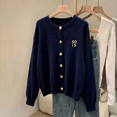 批发学院风藏青色<b class='q'>针织</b>毛衣女春秋季早秋加厚<b class='q'>短款</b>羊毛长袖上衣<b class='q'>开衫</b>外套