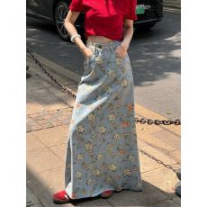 批发韩系浅蓝色小众碎花牛仔半身裙女2025夏季新款高腰中长款a字长裙