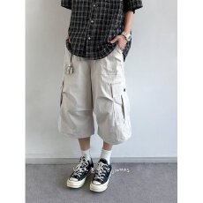 批发夏季<b class='q'>日系</b><b class='q'>复古</b>中性纯色短裤男女生七分裤休闲宽松褶皱学生工装裤子