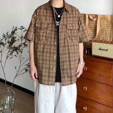 批发<b class='q'>日系</b><b class='q'>复古</b>棕色格子翻领短袖衬衫男女夏季潮牌大口袋宽松休闲衬衣