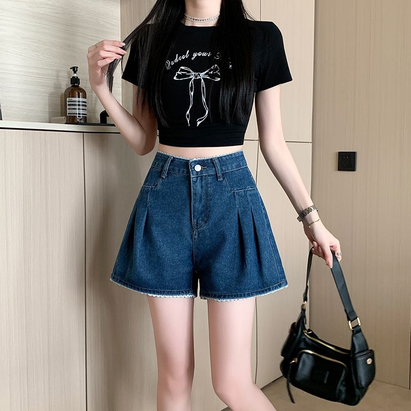 MY10864# 蕾丝花边高腰A字显瘦牛仔短裤女新款百搭通勤阔腿热裤子女裝...